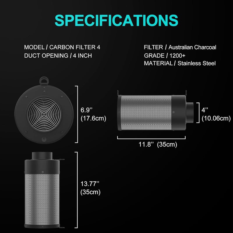 HYDROWE Air Carbon Filter with Built-in Fan, 4 Inch, Australian Virgin Charcoal, Carbon Filter for Grow Tent, Hydroponics, with Speed Control, Prefilter and Hanging Ropes - Image 5